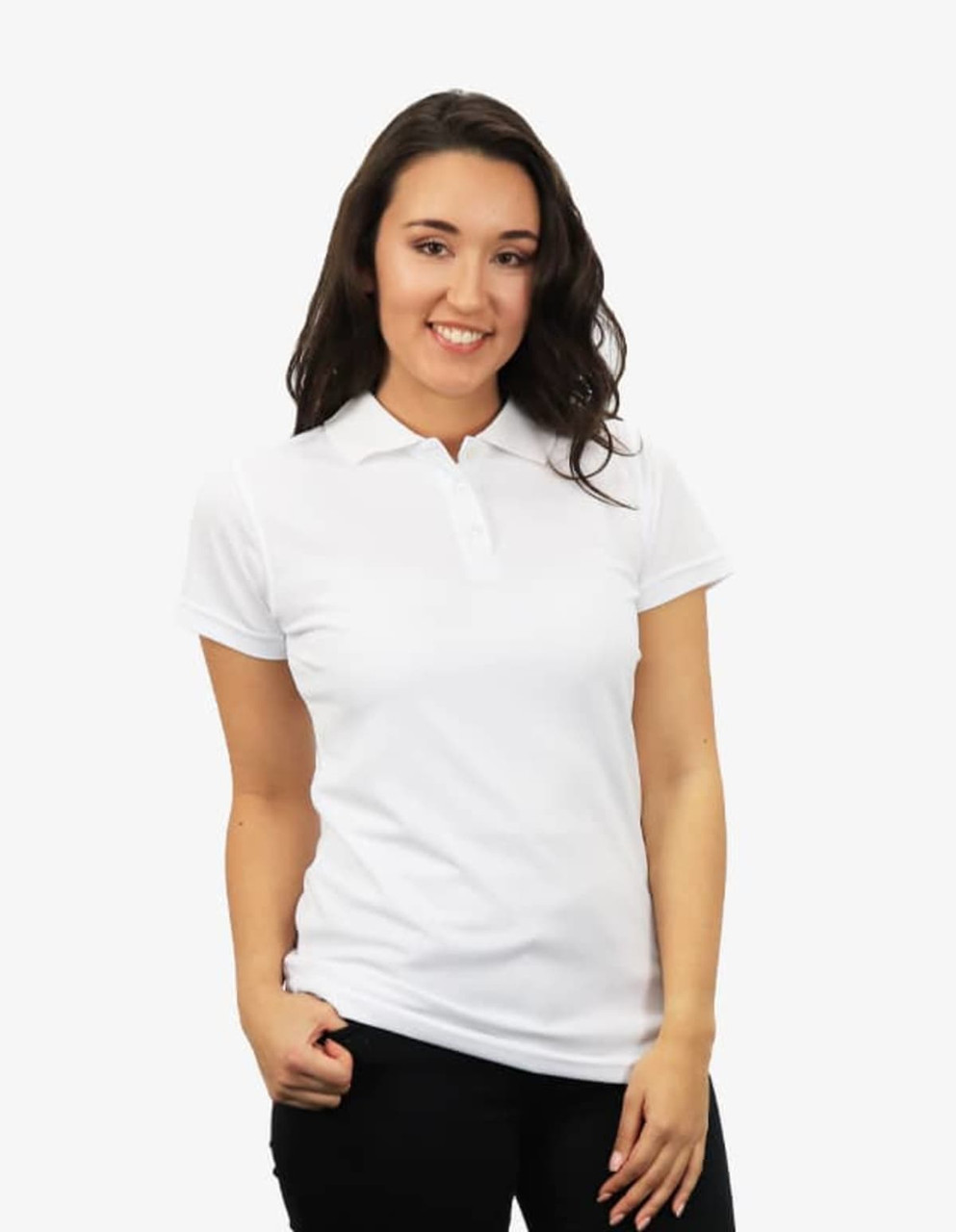 A white polo shirt features a collar and short sleeves, worn by a smiling woman against a plain background.
