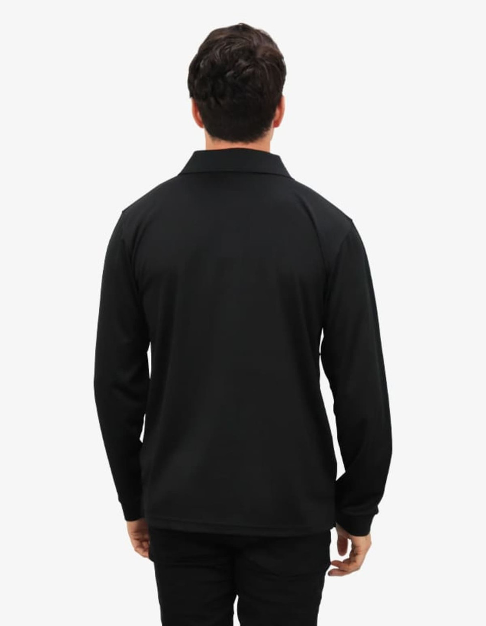A black polo shirt with long sleeves, featuring a subtle logo on the back.