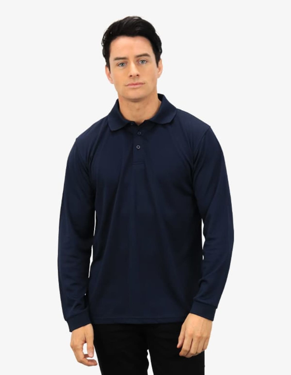 A navy long-sleeve polo shirt featuring a collar and a logo. The model is standing straight, facing forward.
