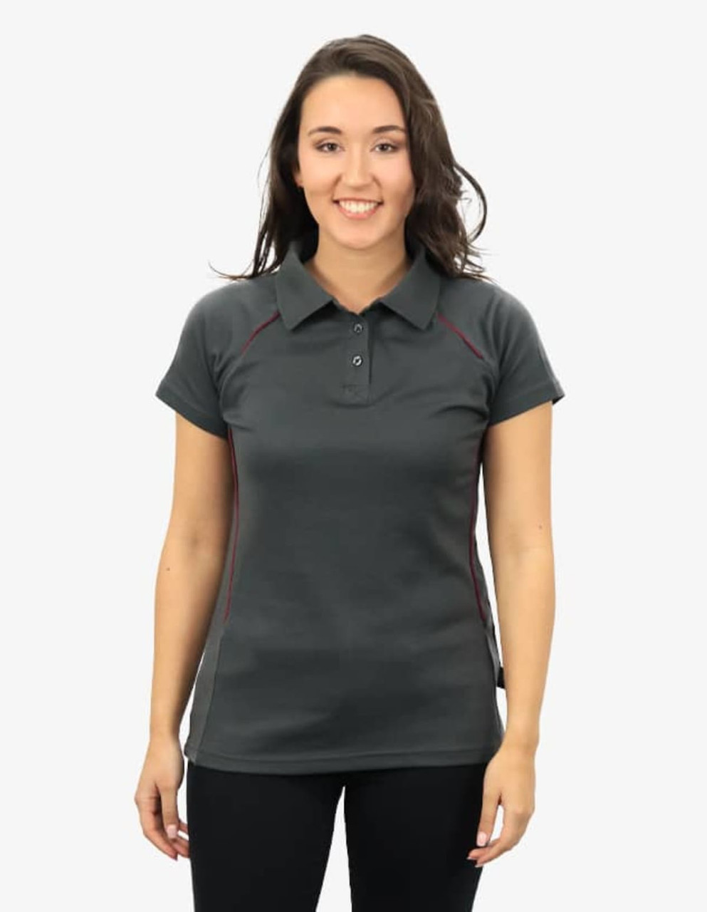 A polo shirt in dark grey with maroon accents, featuring a collar and a branded logo.
