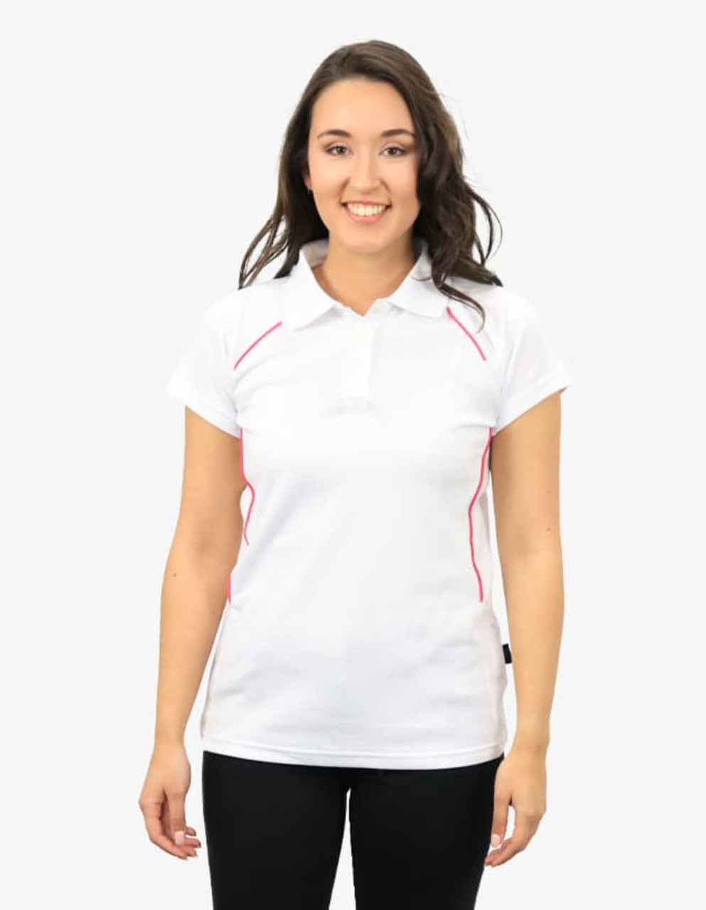 A white polo shirt with pink accents, displayed on a model. The shirt features a collar and short sleeves.