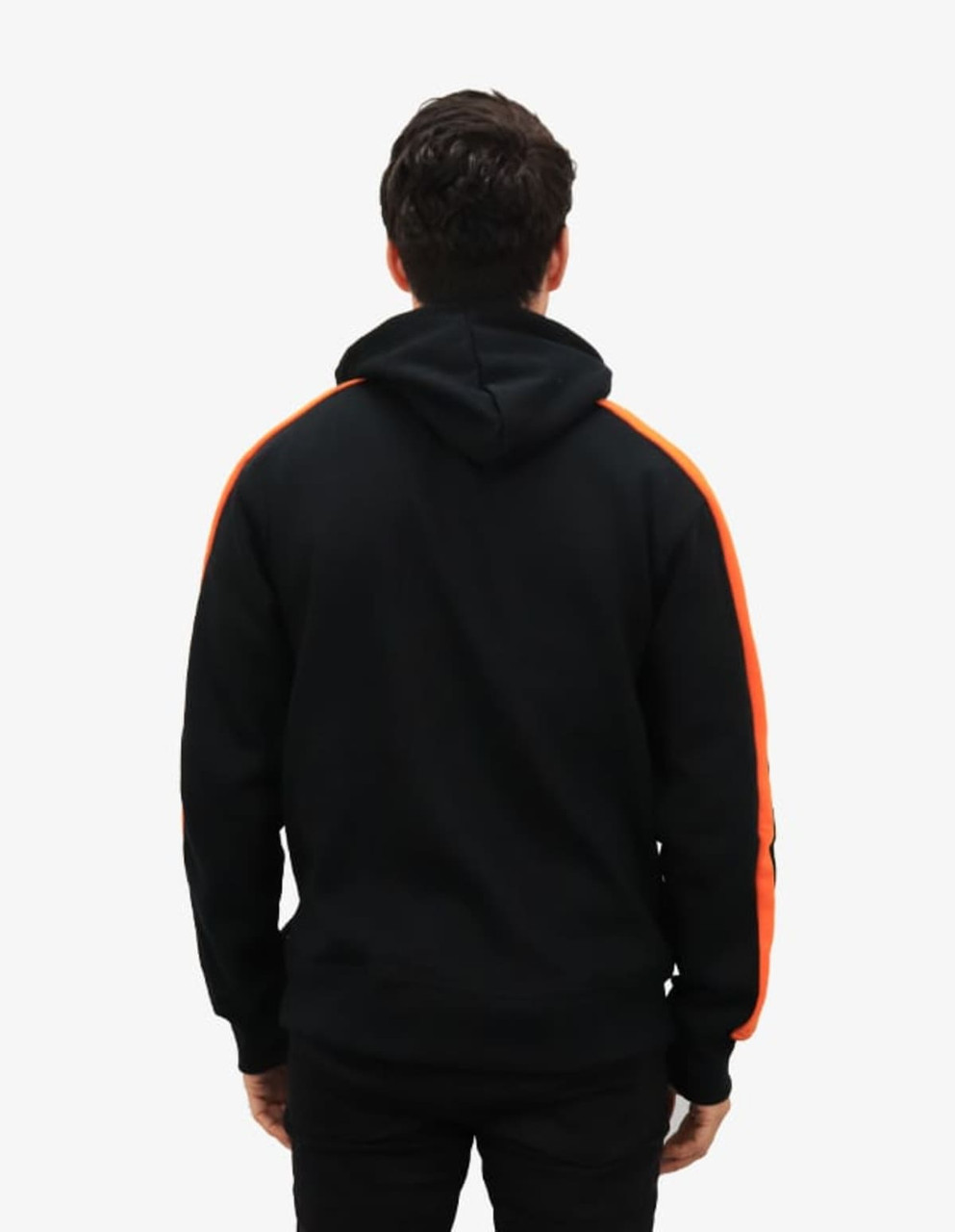 A black hoodie with orange side panels and a hood, featuring a logo on the back.