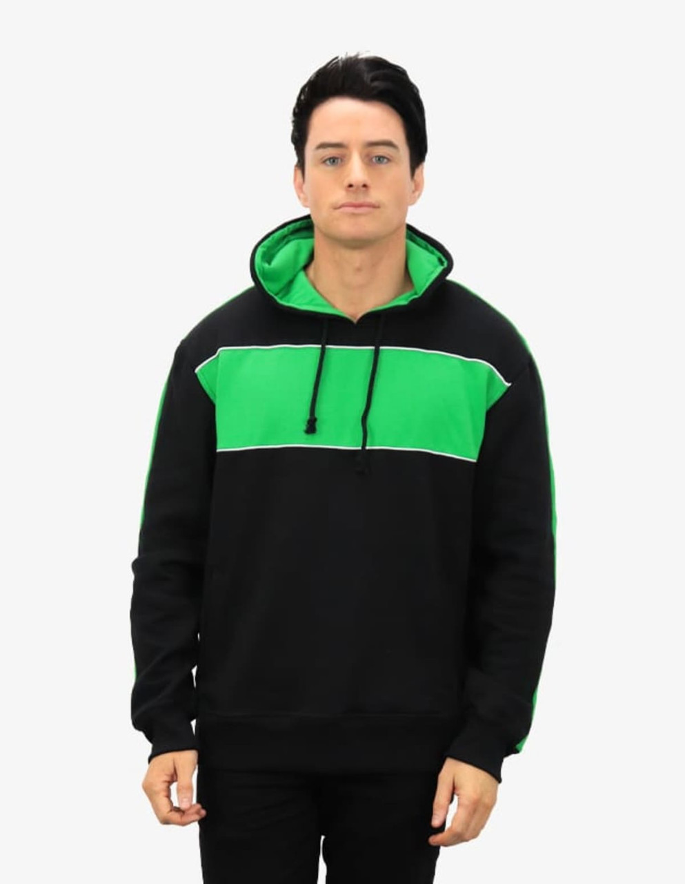 A hooded jumper featuring a black base with green accents and a logo on the front.