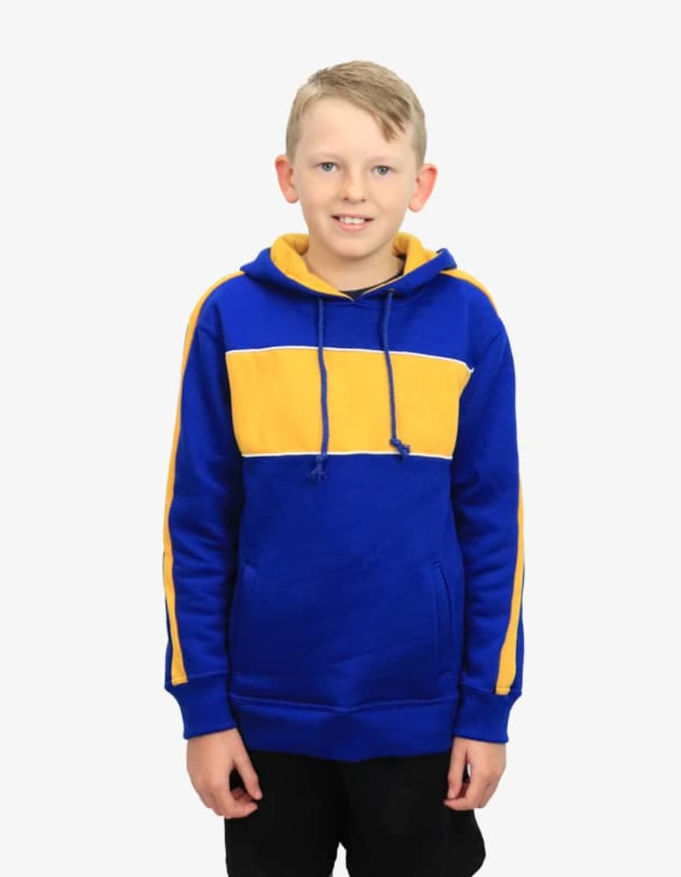 A blue and yellow hoodie features a striped design and a front kangaroo pocket. The product has a logo on it.