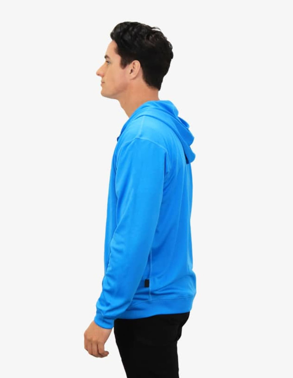 Bright blue hoodie with a hood and a logo, displayed on a model from the side.