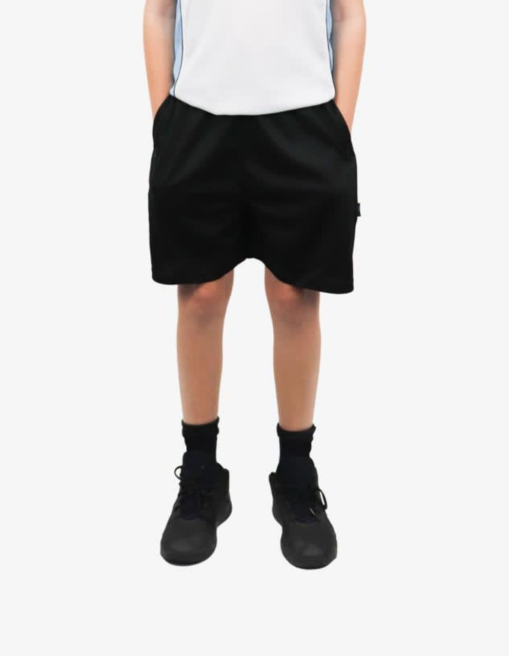 Black sports shorts with pockets, showcased on a model wearing a light top and black footwear. The product has a logo.