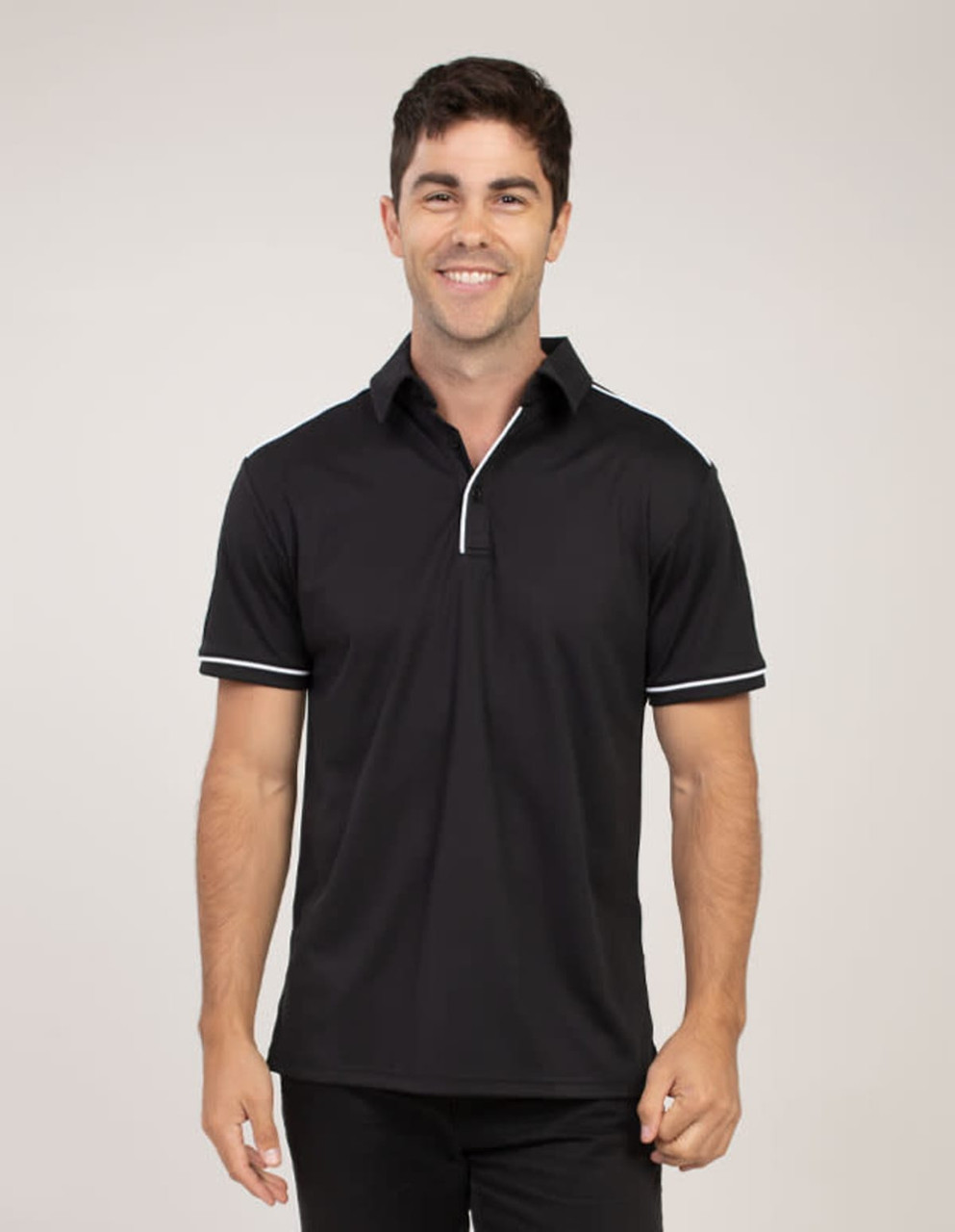 A black polo shirt with white detailing, featuring a collar and short sleeves. It has a logo on the chest.