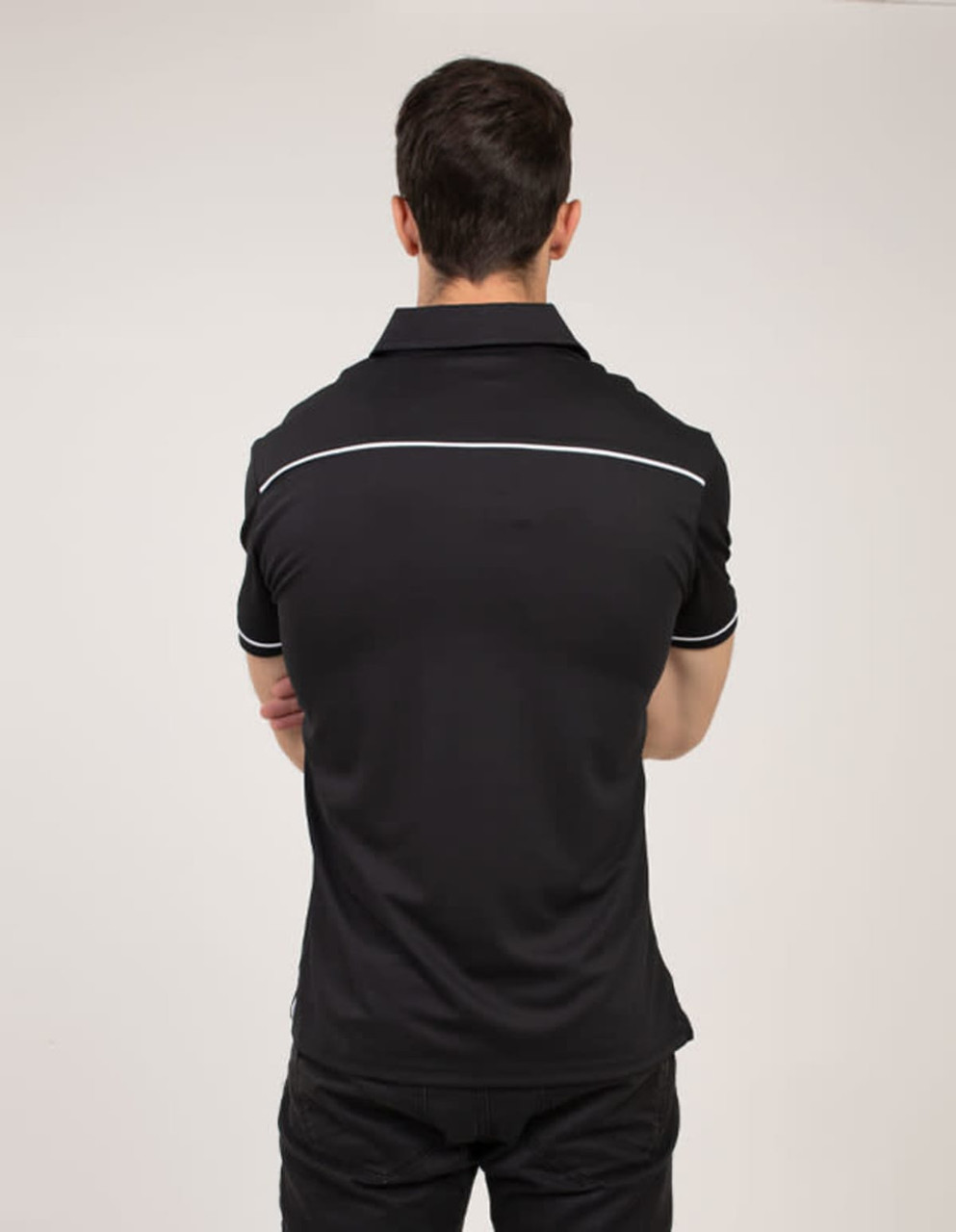 A black polo shirt with white accents, featuring a logo on the back.