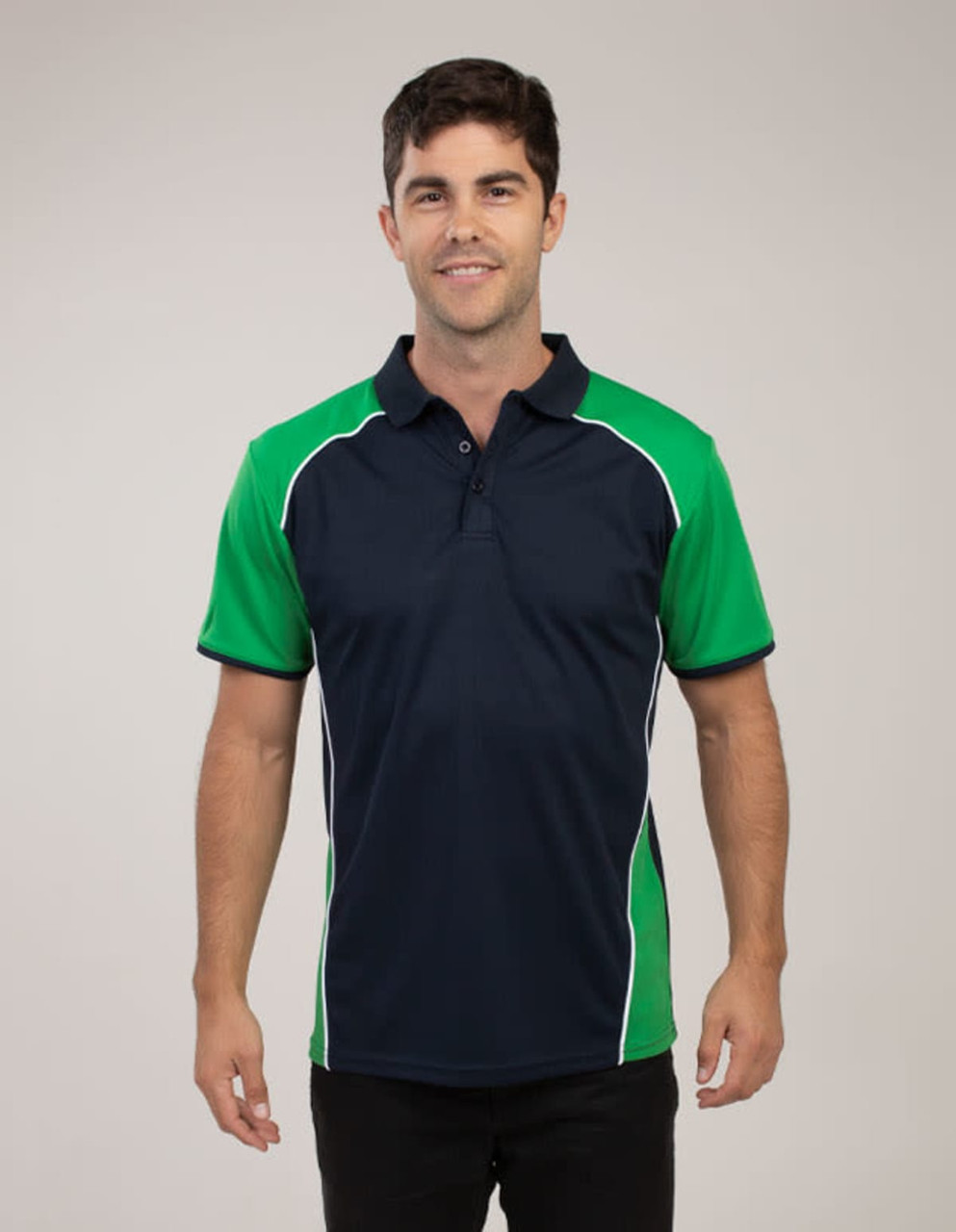 A polo shirt in navy blue with green accents and white piping. It features a collar and short sleeves.