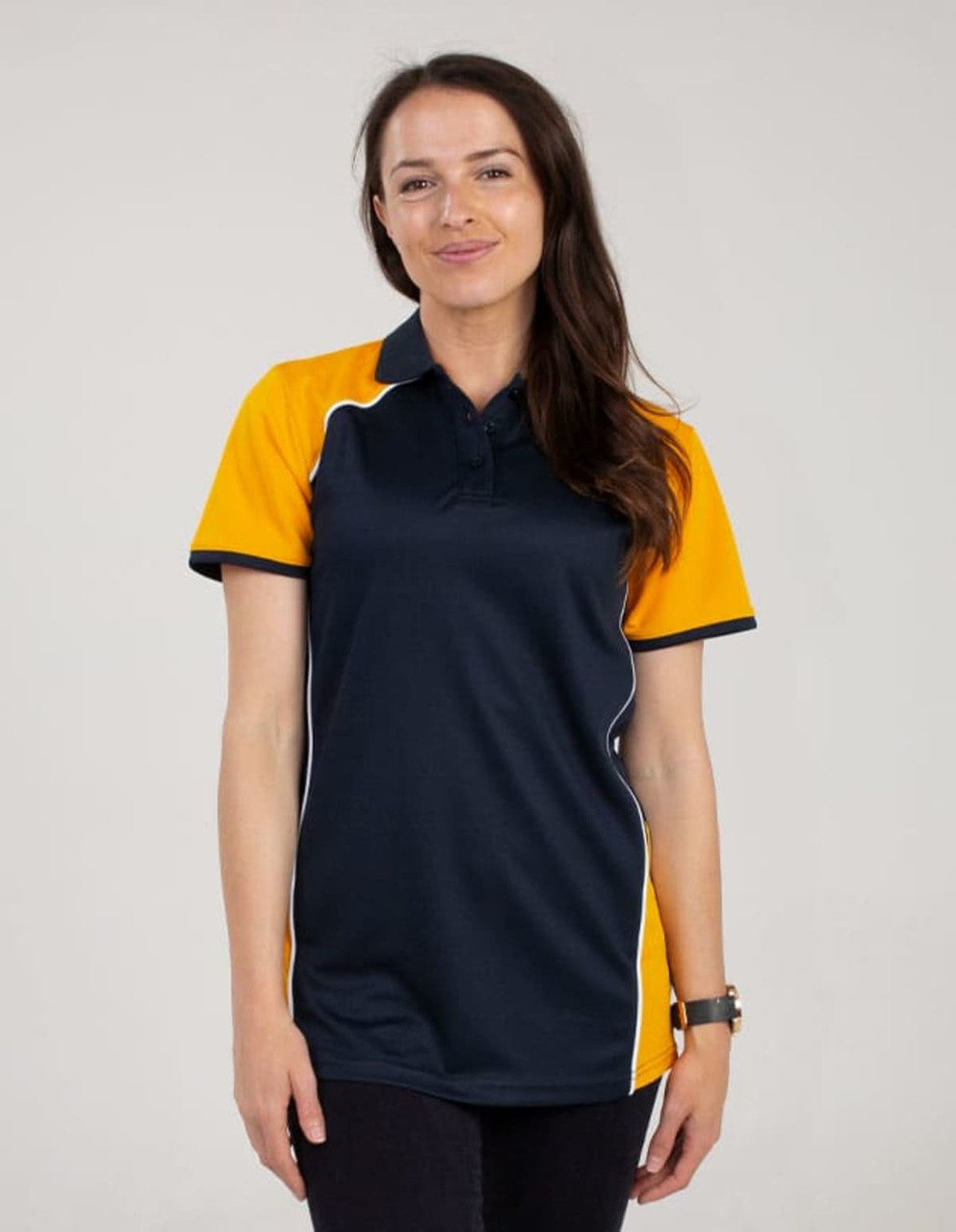 A polo shirt featuring navy and orange colours with a logo, designed for promotional use.
