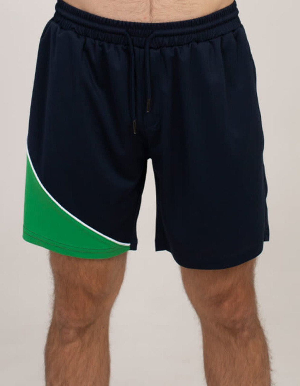 Sports shorts in navy blue with a green and white trim, featuring an elastic waistband and drawstring.