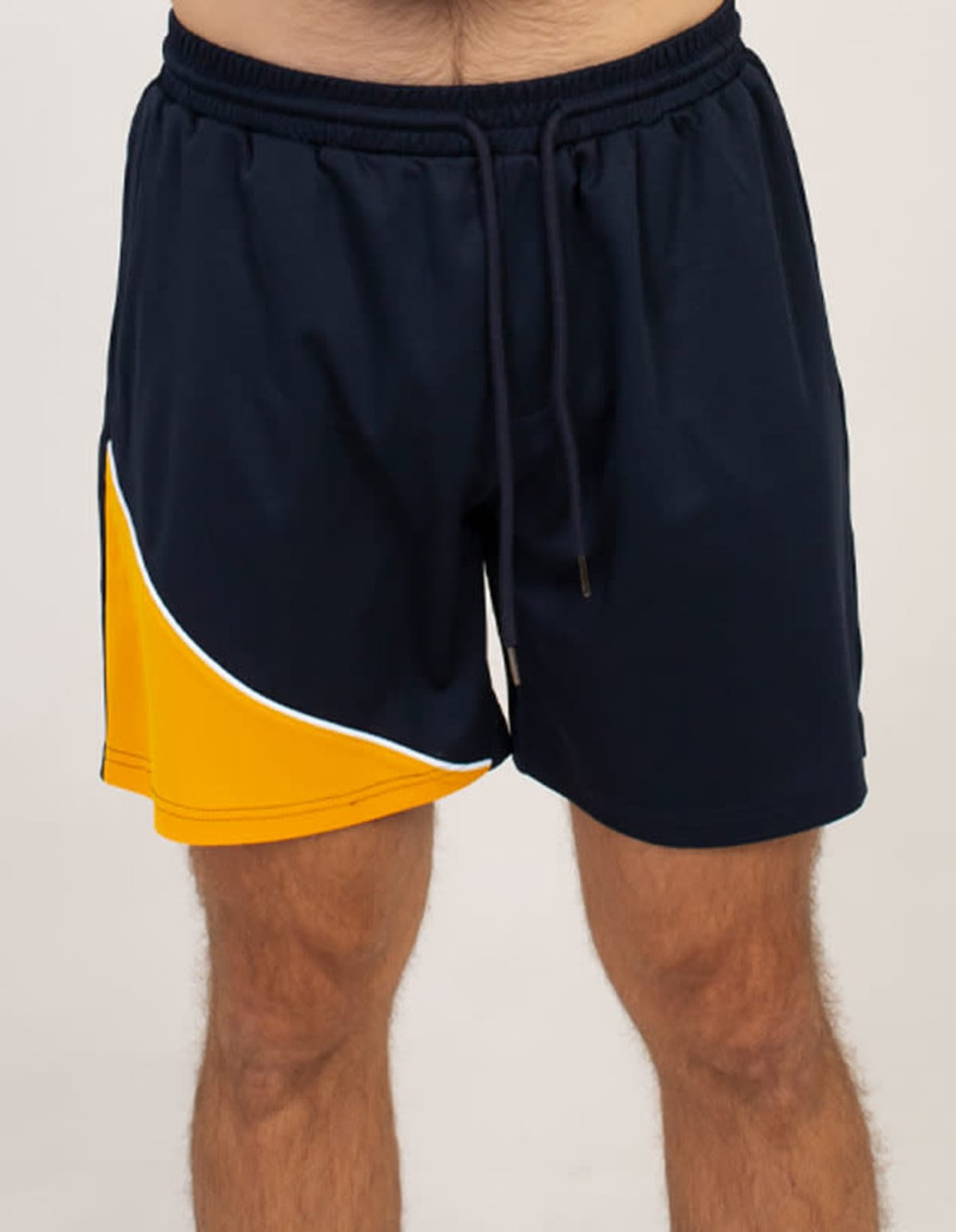 Navy sports shorts with a yellow accent and a drawstring waist. The shorts feature a branding logo.