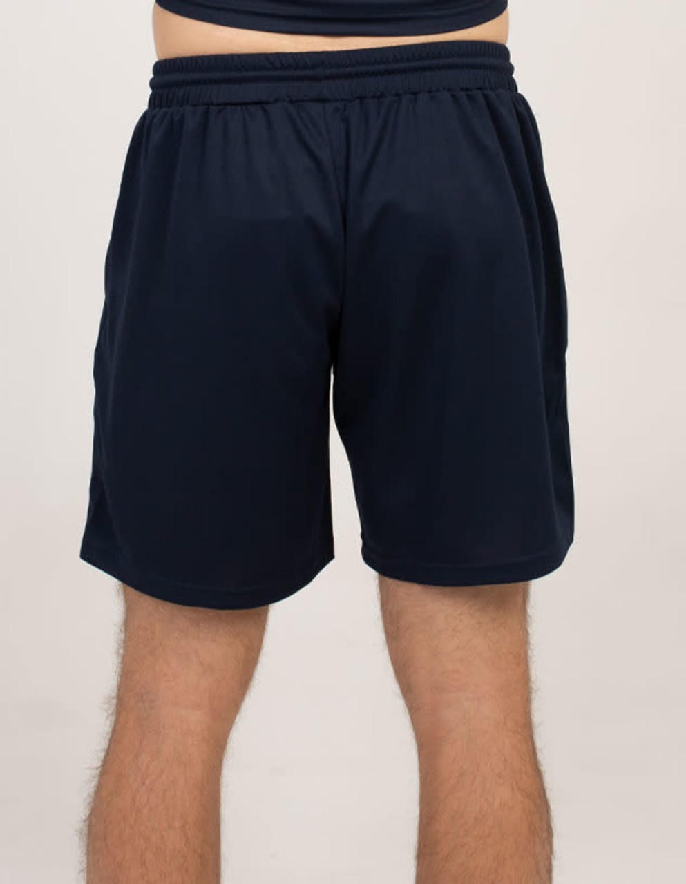 Navy blue sports shorts made from recycled fibre, featuring an elastic waistband and a branding logo.