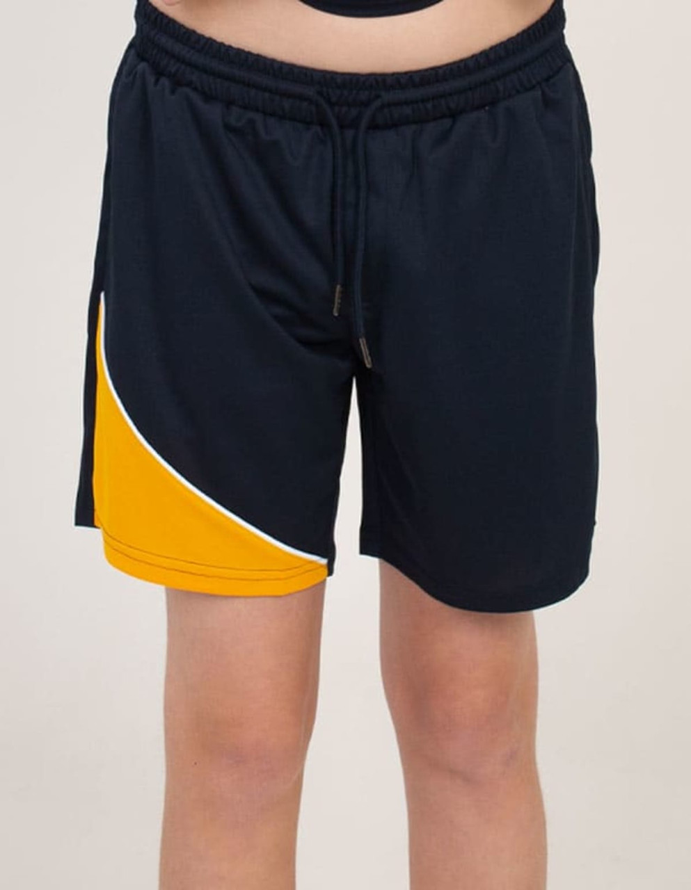 Black sports shorts with an orange and white design, featuring an elastic waistband and drawstring.