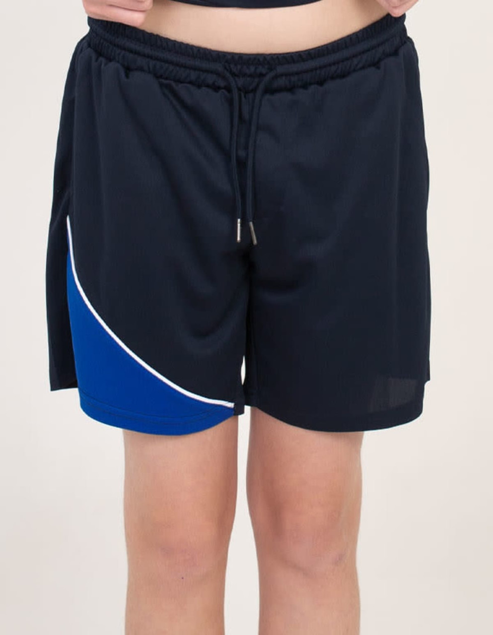 Black sports shorts featuring a blue and white design, with an elastic waistband and drawstring. Includes branding.