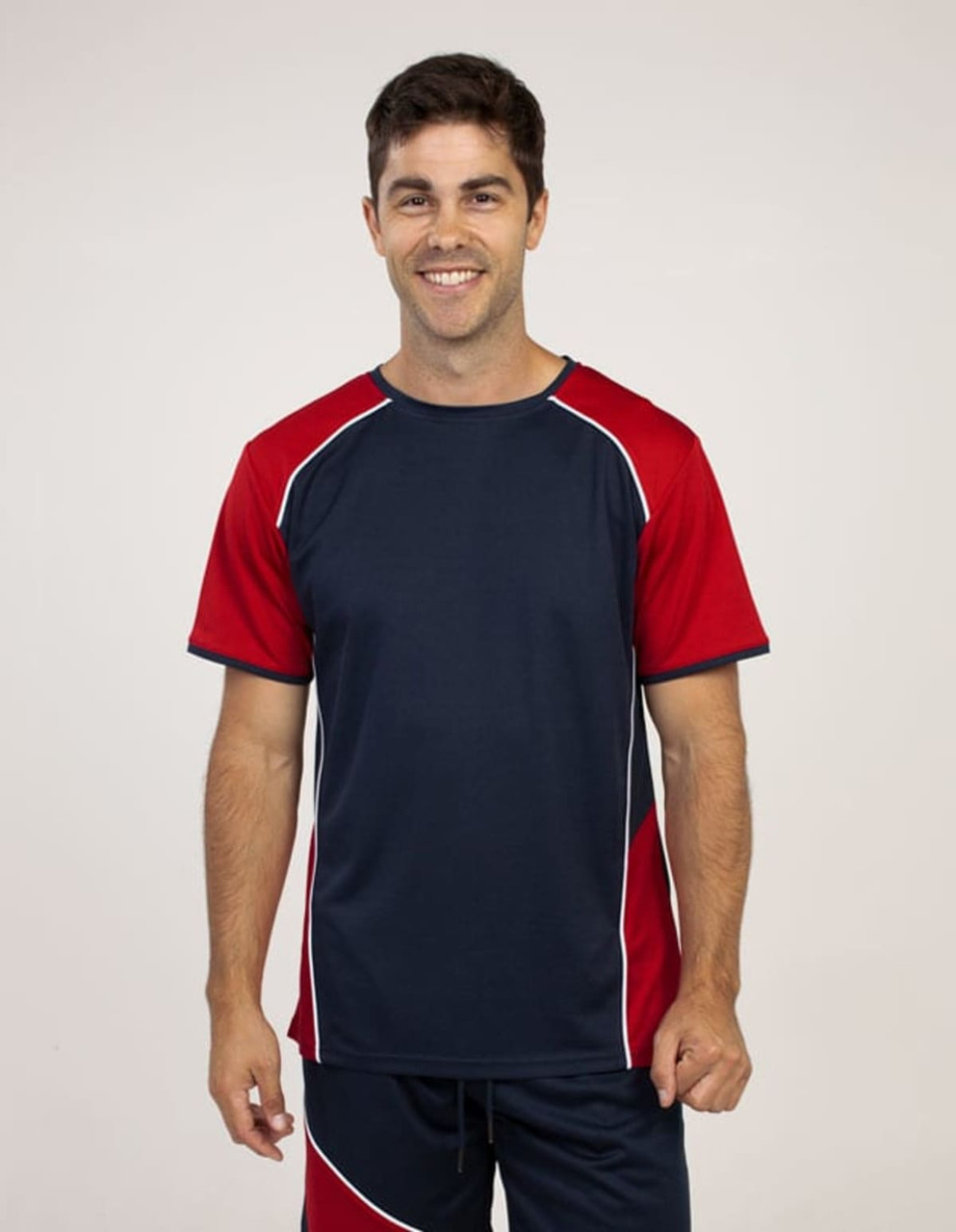 A navy and red T-shirt with contrasting white seams, featuring a logo on the front.