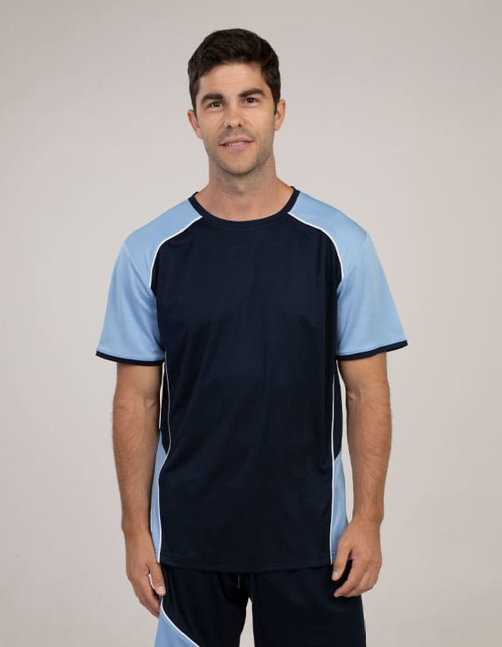 A navy and light blue T-shirt with a contrasting design and a logo on the front.