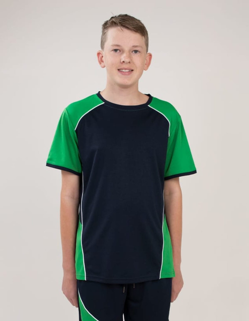 A short-sleeved T-shirt in navy blue with green accents, featuring a logo on the chest area.