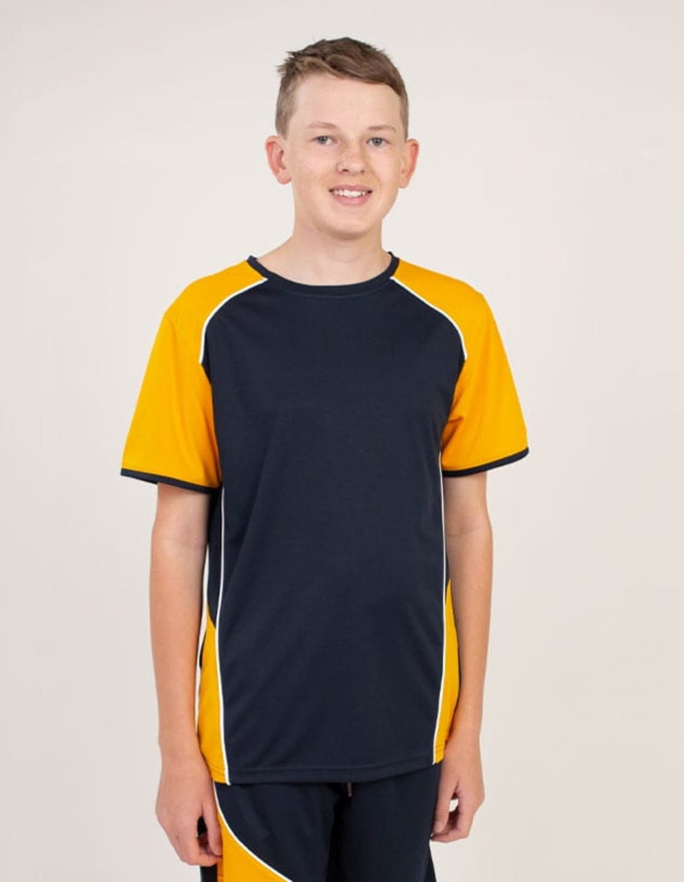 A t-shirt featuring navy blue and bright yellow panels, designed with a sporty cut. It has a logo on the front.