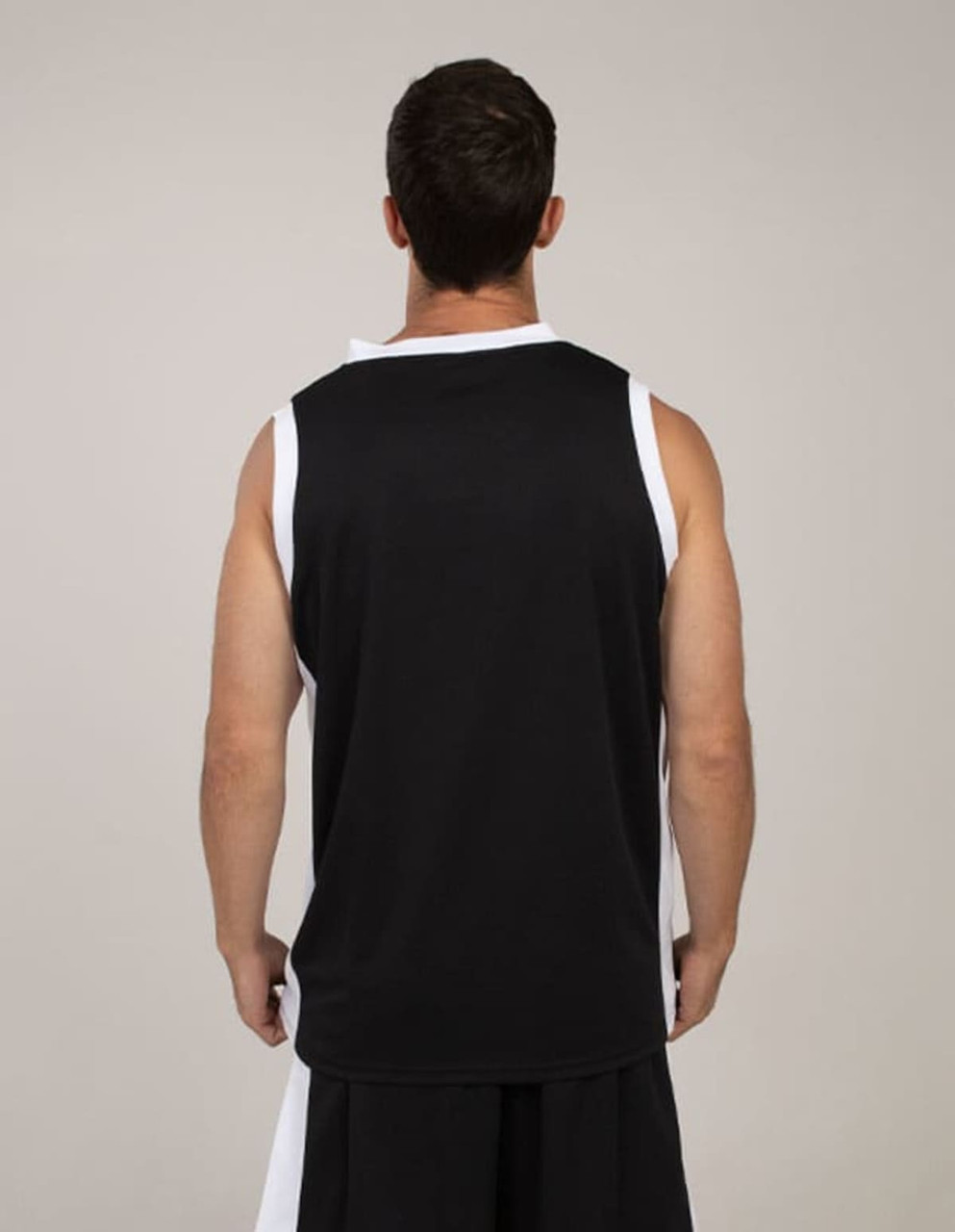 A sleeveless black singlet with white accents, featuring a logo on the back.