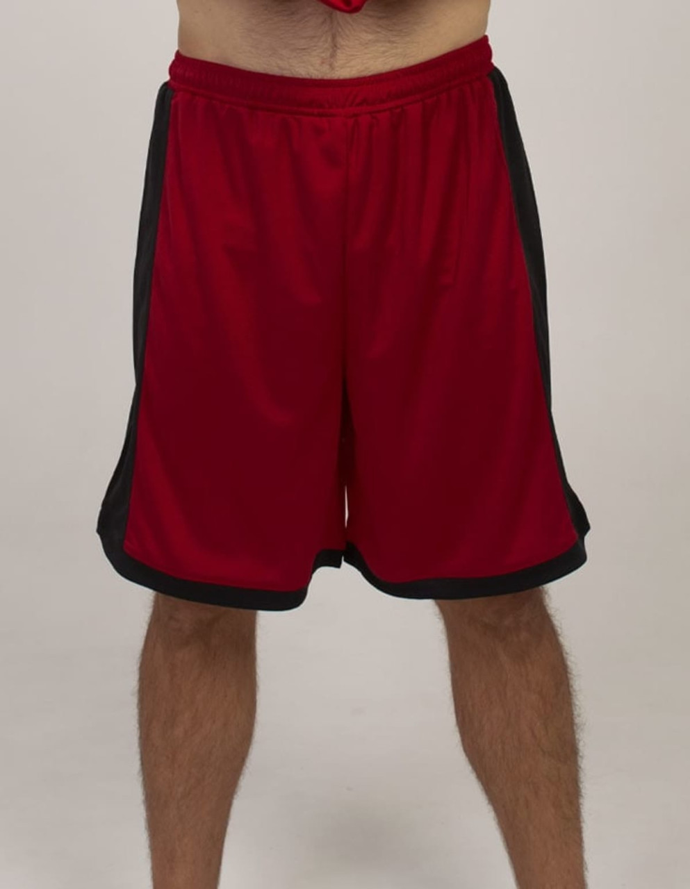 Red sports shorts with black side detailing and an elastic waistband. Features a logo.