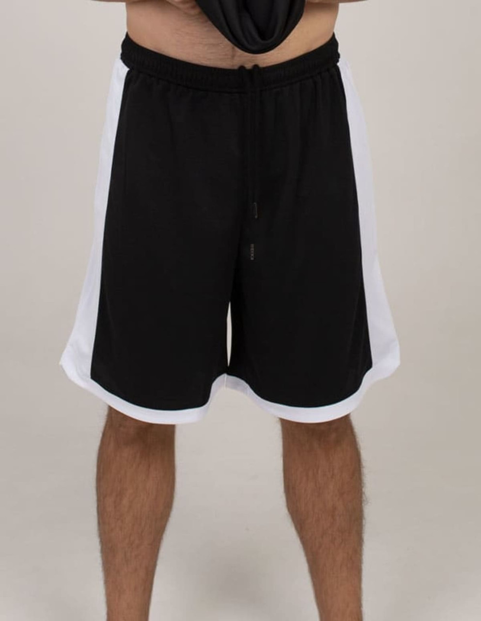 Sports shorts in black with white side panels, featuring an elastic waistband and drawstring. Includes a logo.