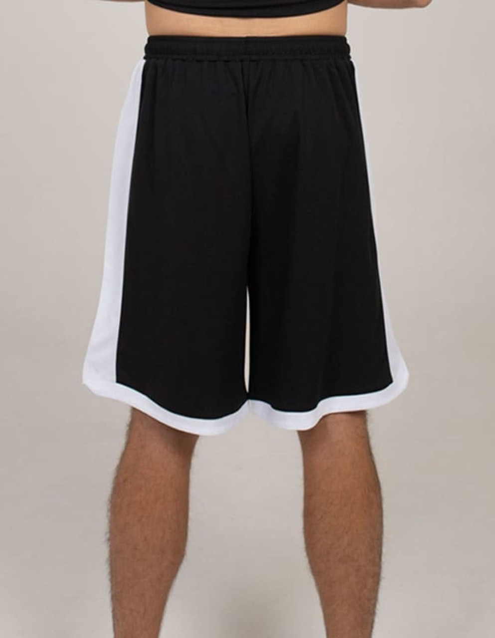 Black sports shorts with white side detailing and an elastic waistband, featuring a logo on the front.