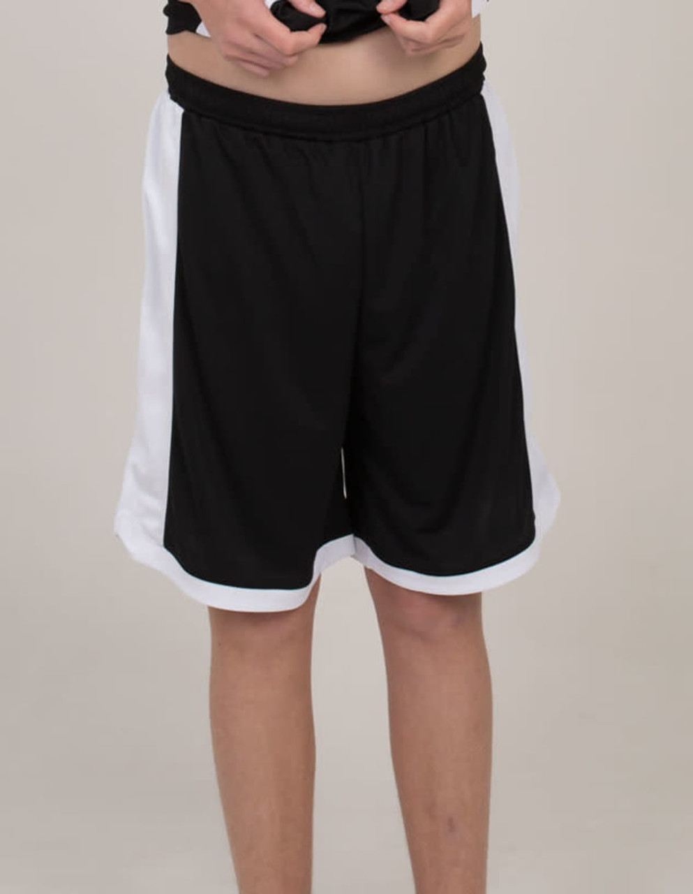 Black sports shorts with white side stripes and an elastic waistband. The shorts feature a logo on the front.