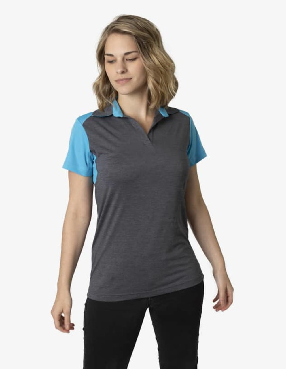 A women's polo shirt in grey with blue sleeves, featuring a logo on the chest area.