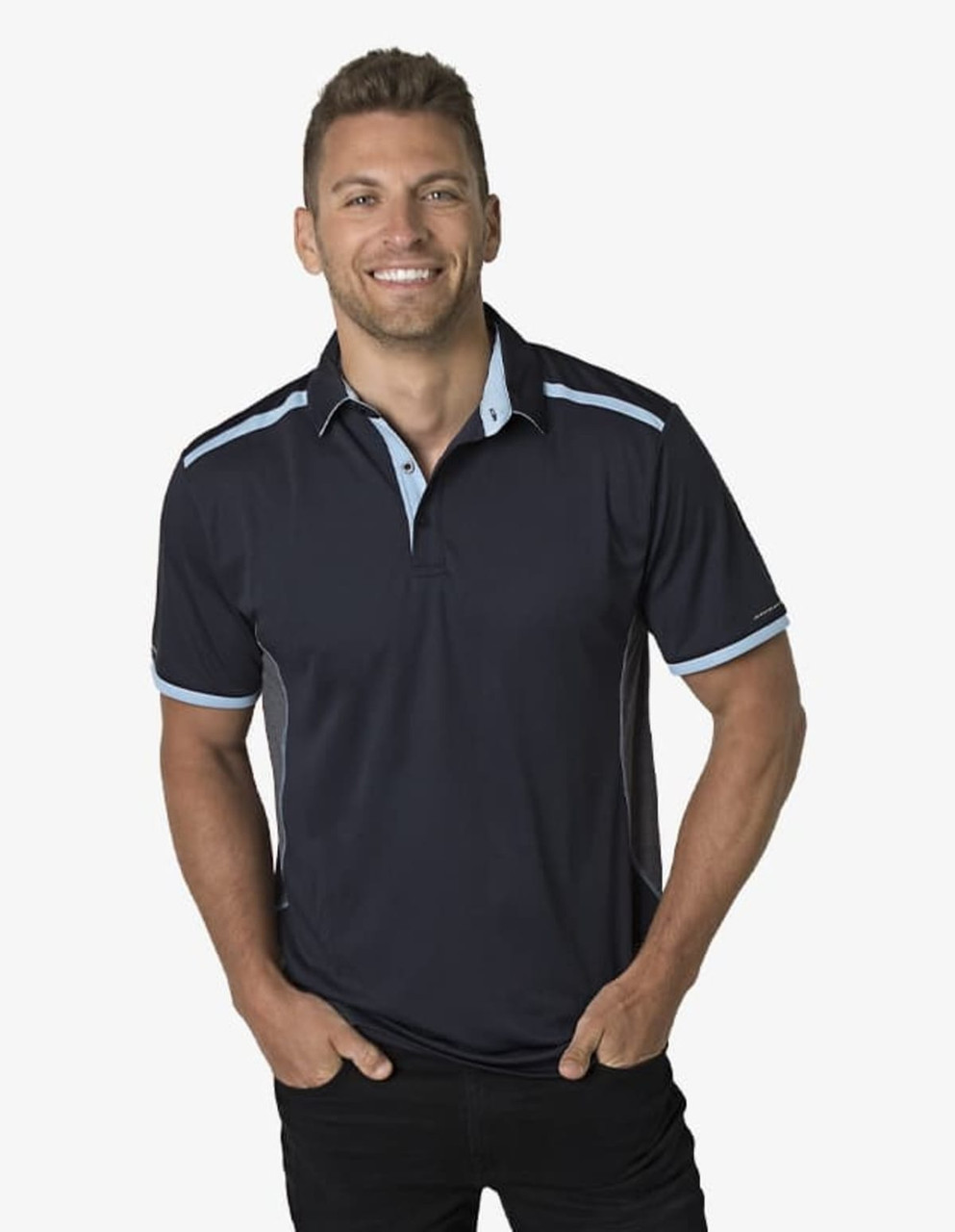 A navy polo shirt featuring light blue accents and a logo. Worn by a model with a friendly expression.