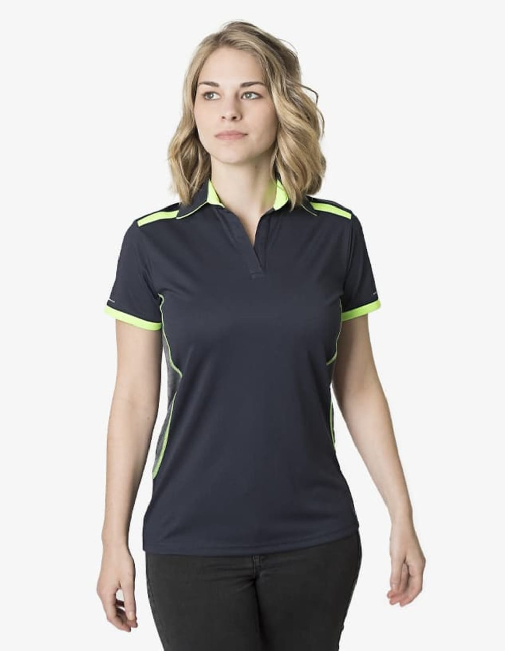 A navy polo shirt with neon green accents, featuring a collar and short sleeves, displayed on a model.