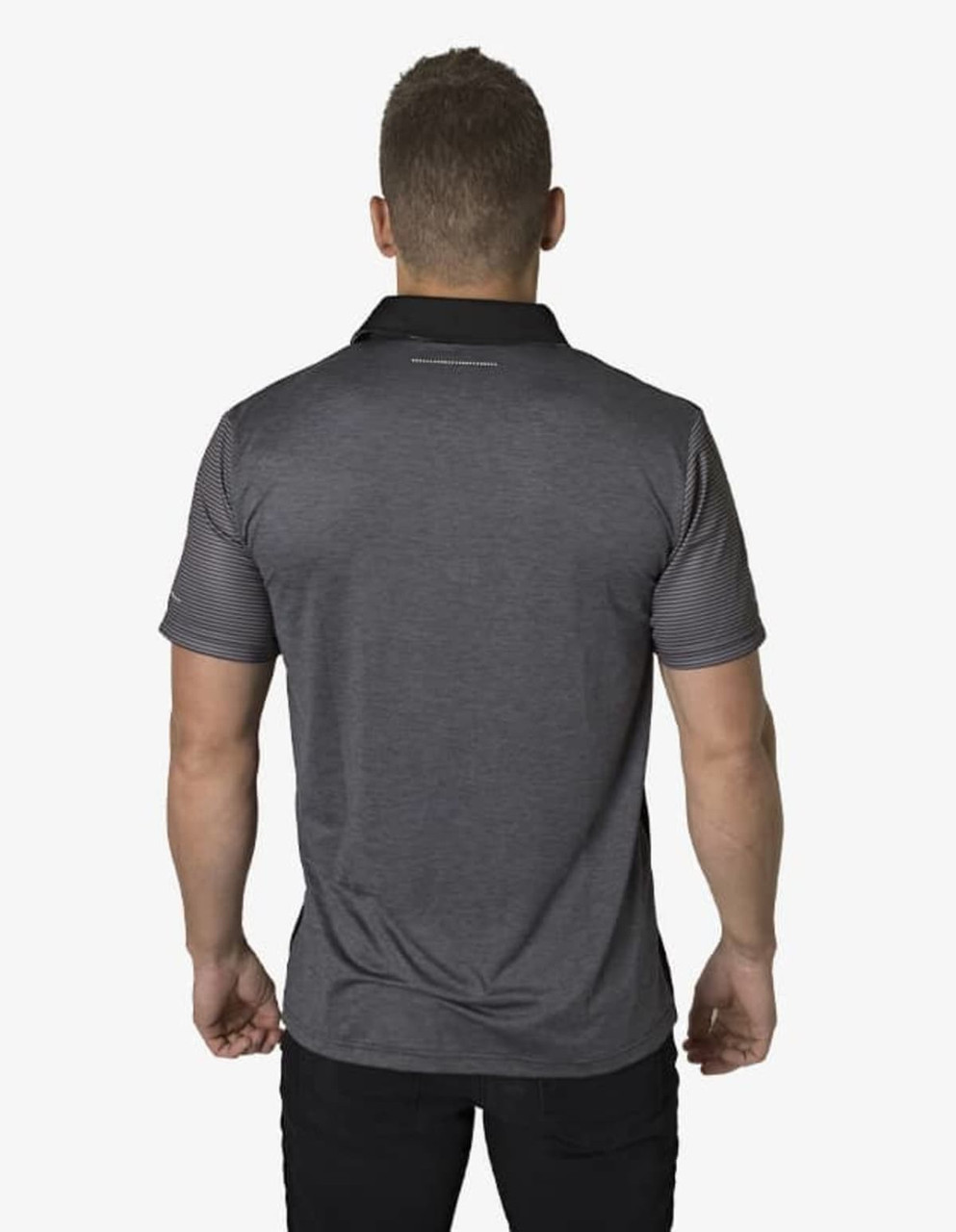 A grey polo shirt with striped detailing at the collar, featuring a logo on the back.
