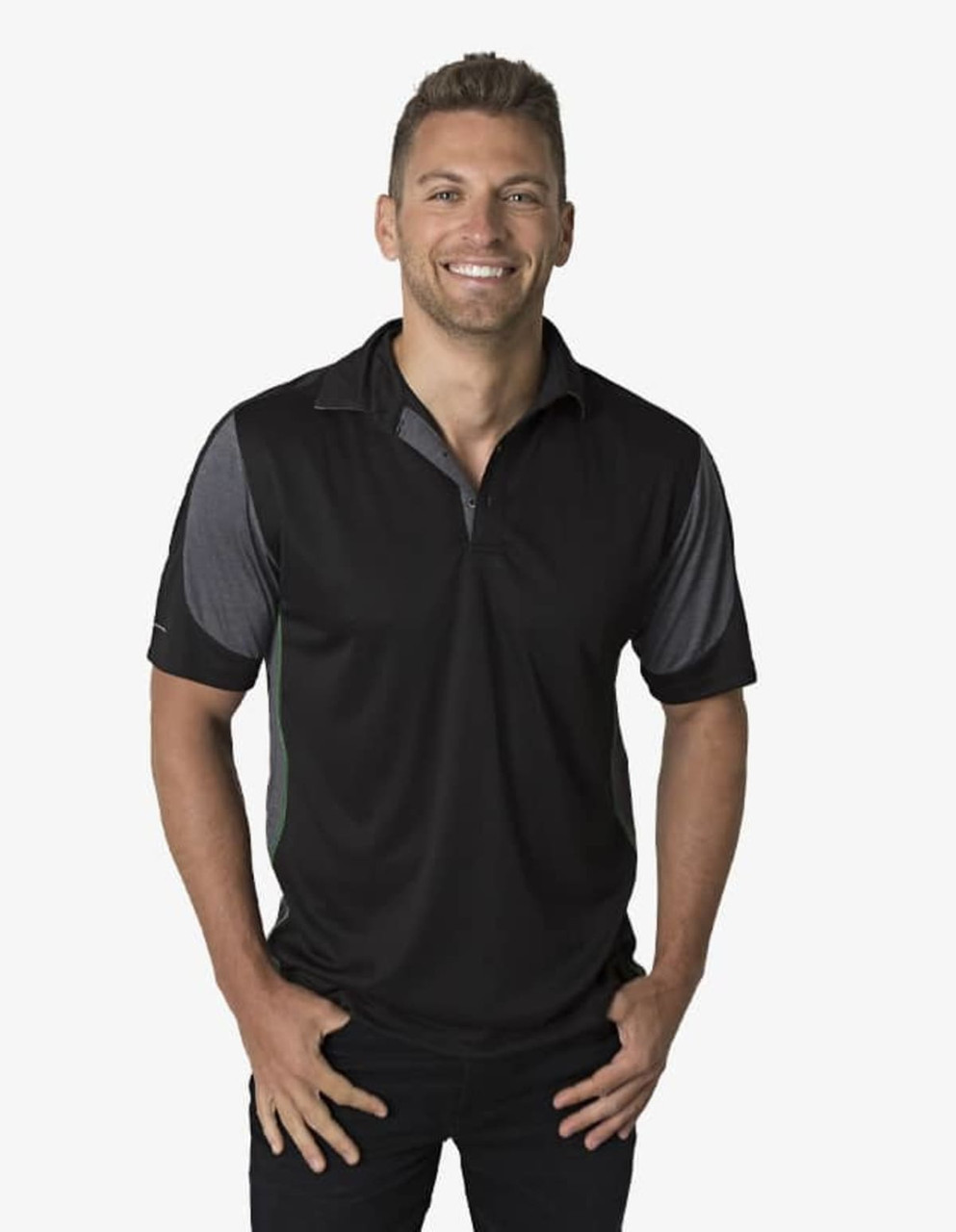 A black polo shirt with grey accents and a logo, modelled by a smiling man.