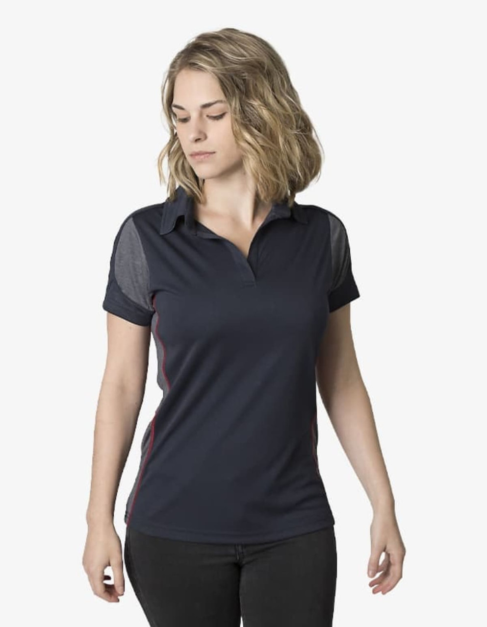 A navy polo shirt featuring grey sleeves and side detailing, designed for a female fit. It has a branded logo.