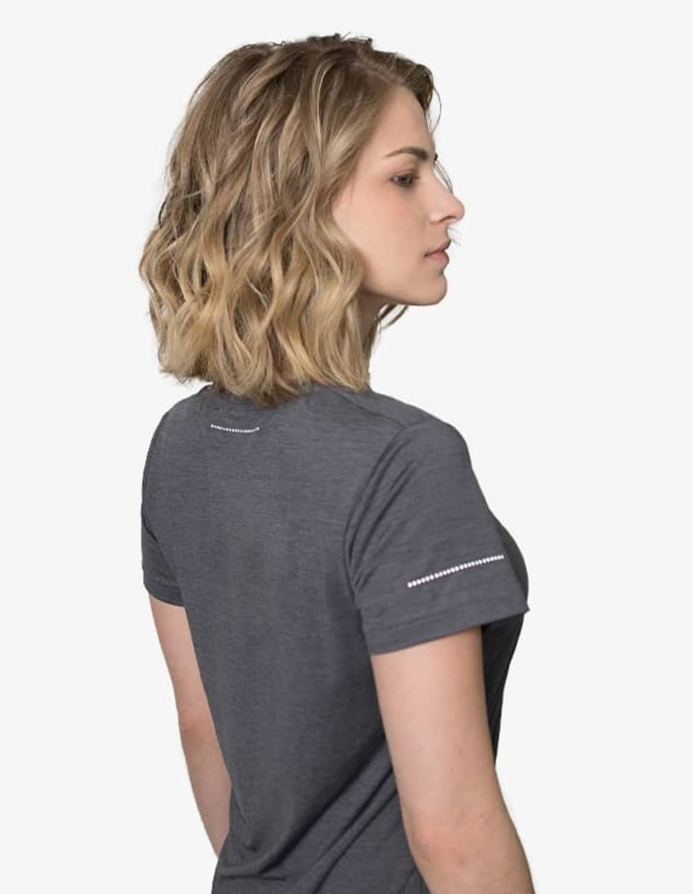 A grey T-shirt designed for casual wear, featuring a subtle logo and detailing on the sleeves.