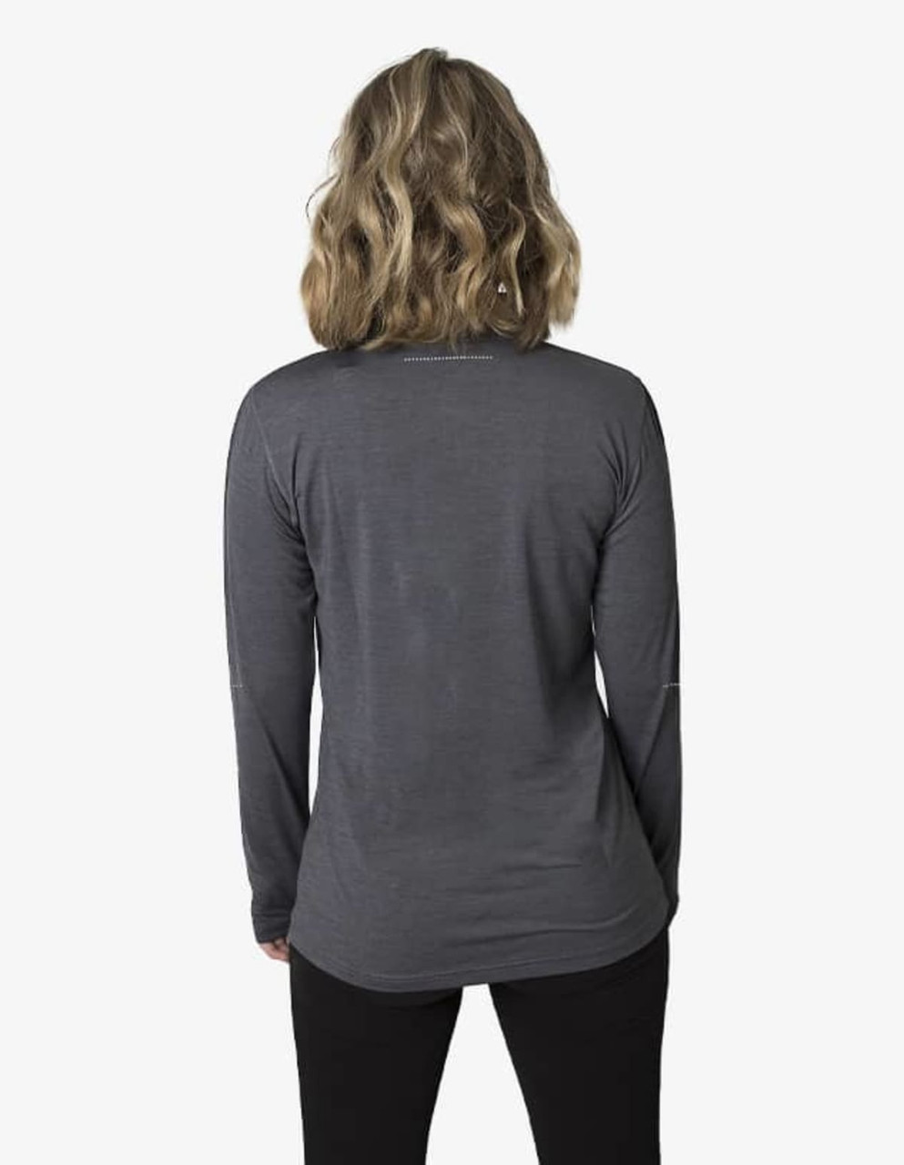 A long-sleeved grey shirt with a smooth texture, featuring a simple design and no visible graphics.