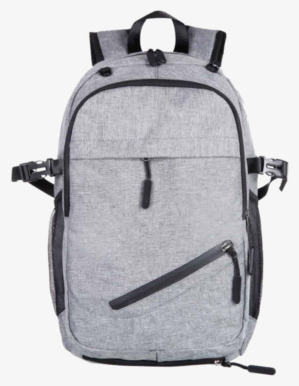 A grey backpack featuring multiple zippered compartments and adjustable straps. It has a sleek, modern design.