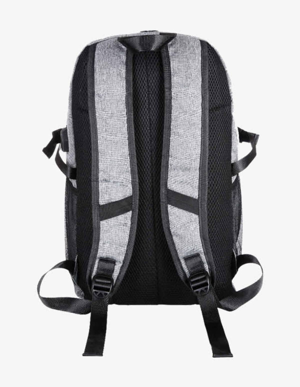 A grey backpack with black straps and a mesh back, featuring adjustable straps and a sleek design.