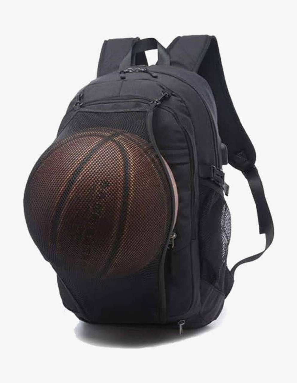 A black backpack with a mesh compartment designed to hold a basketball. It features two shoulder straps.