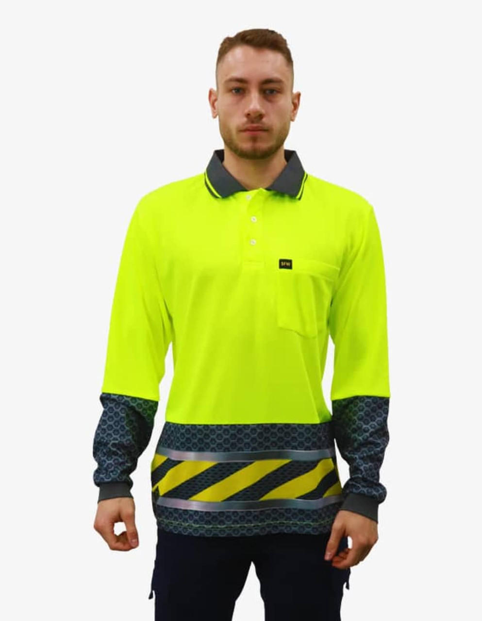 A bright yellow long-sleeve polo shirt with grey accents and a striped design at the hem, featuring a logo.