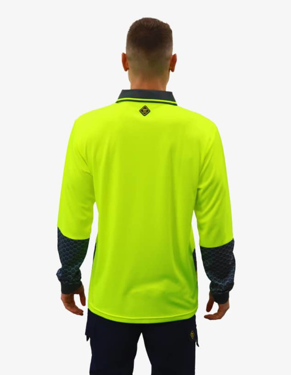 A bright yellow work polo shirt with navy blue patterned sleeves and a small logo on the back.