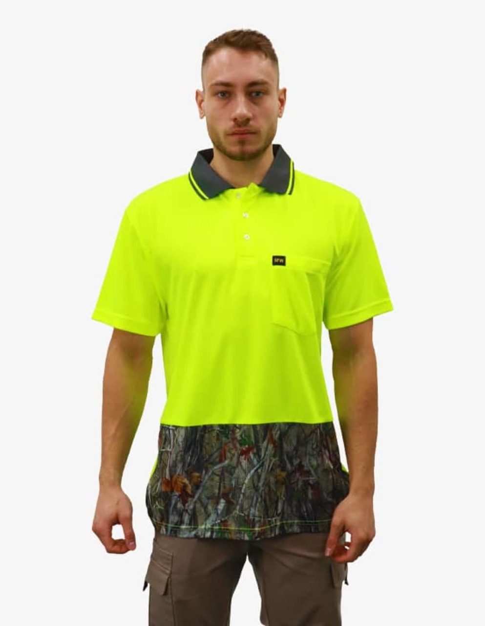 A bright yellow polo shirt with a camouflage lower panel, featuring a pocket and a logo.