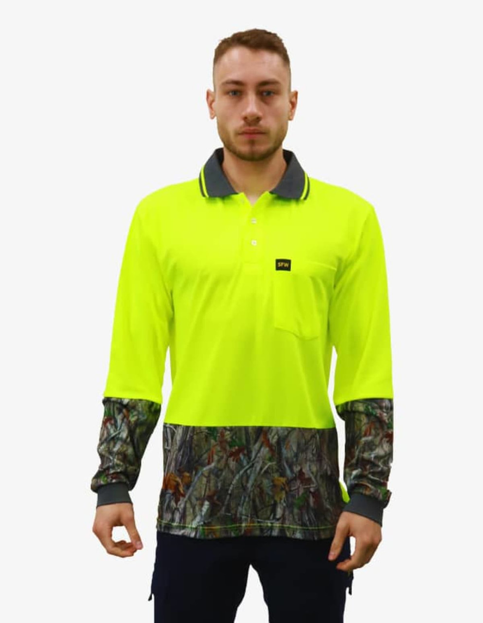 A bright yellow work polo shirt with a patterned lower section and long sleeves, featuring a logo on the chest.