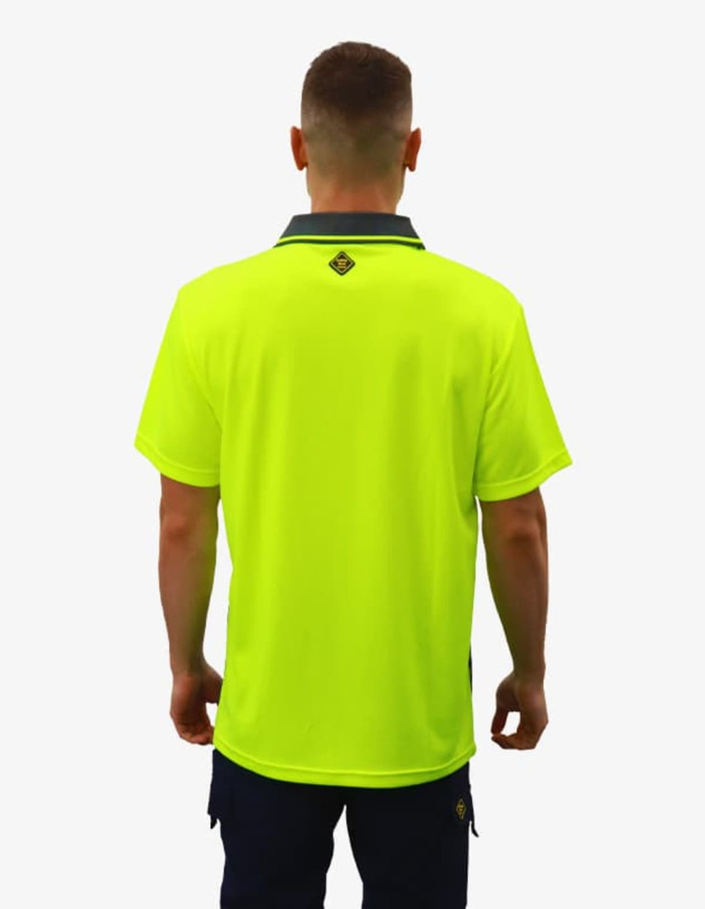 A men's polo shirt in bright yellow with a contrasting collar and a logo on the back.