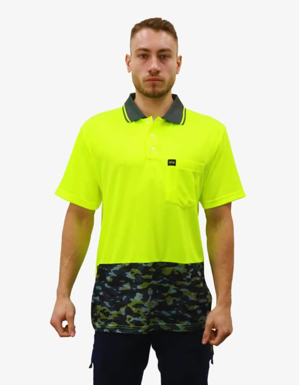 A bright yellow work polo shirt with a camouflage pattern at the bottom and a pocket on the front. It features a logo.