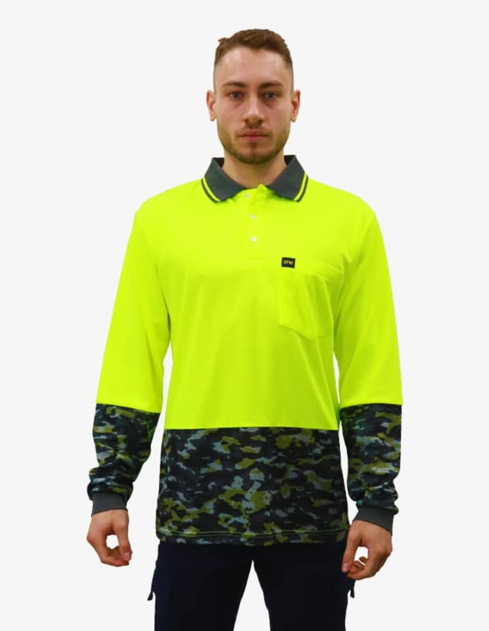 A bright yellow long-sleeve polo shirt with a camouflage pattern at the bottom and a small pocket. It features a logo.