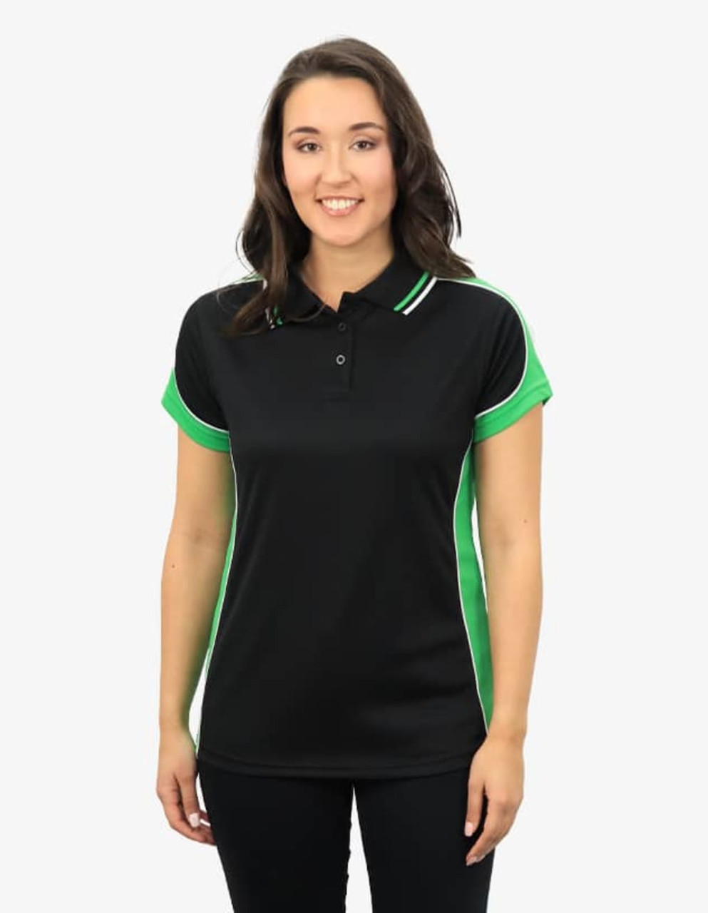 A black polo shirt with green accents, featuring short sleeves and a collar, worn by a smiling woman.