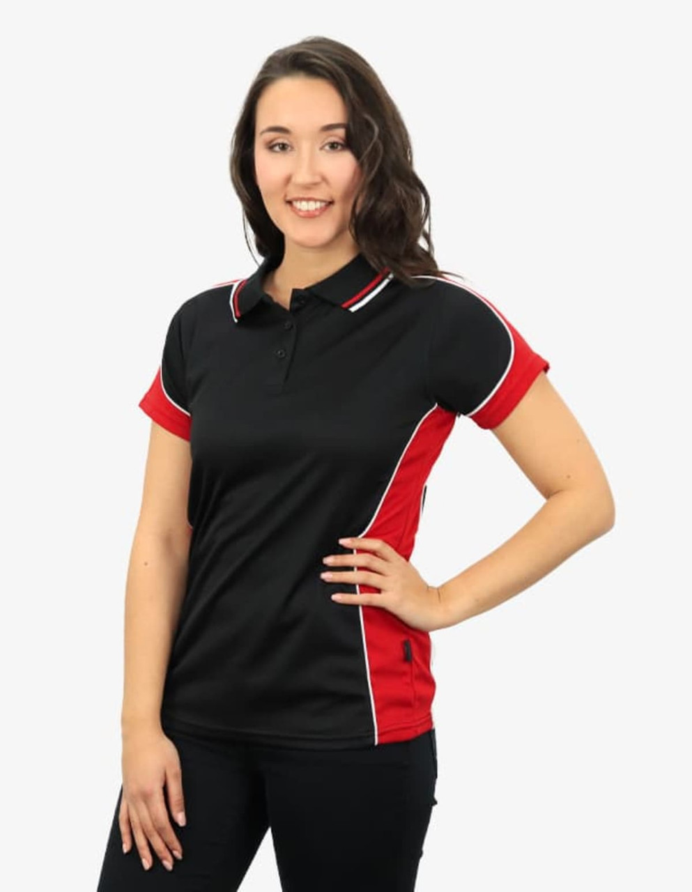 A black polo shirt with red sleeves and white accents, displayed by a model with long hair. The shirt features a logo.