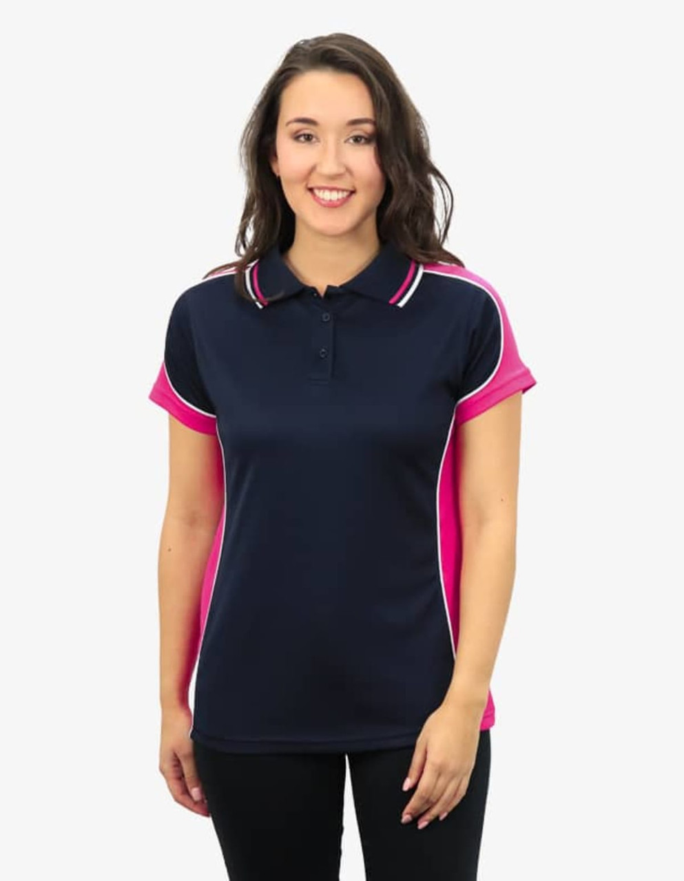 A navy and pink polo shirt with a logo, featuring a collar and short sleeves.