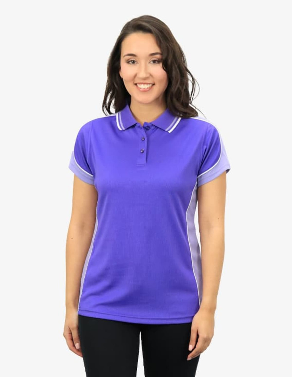 A purple polo shirt with light purple accents and a collar. The model is smiling and wearing the shirt.